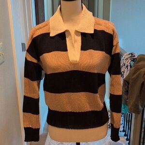 Striped Black and Brown Women's V Neck Collar Sweater. Small